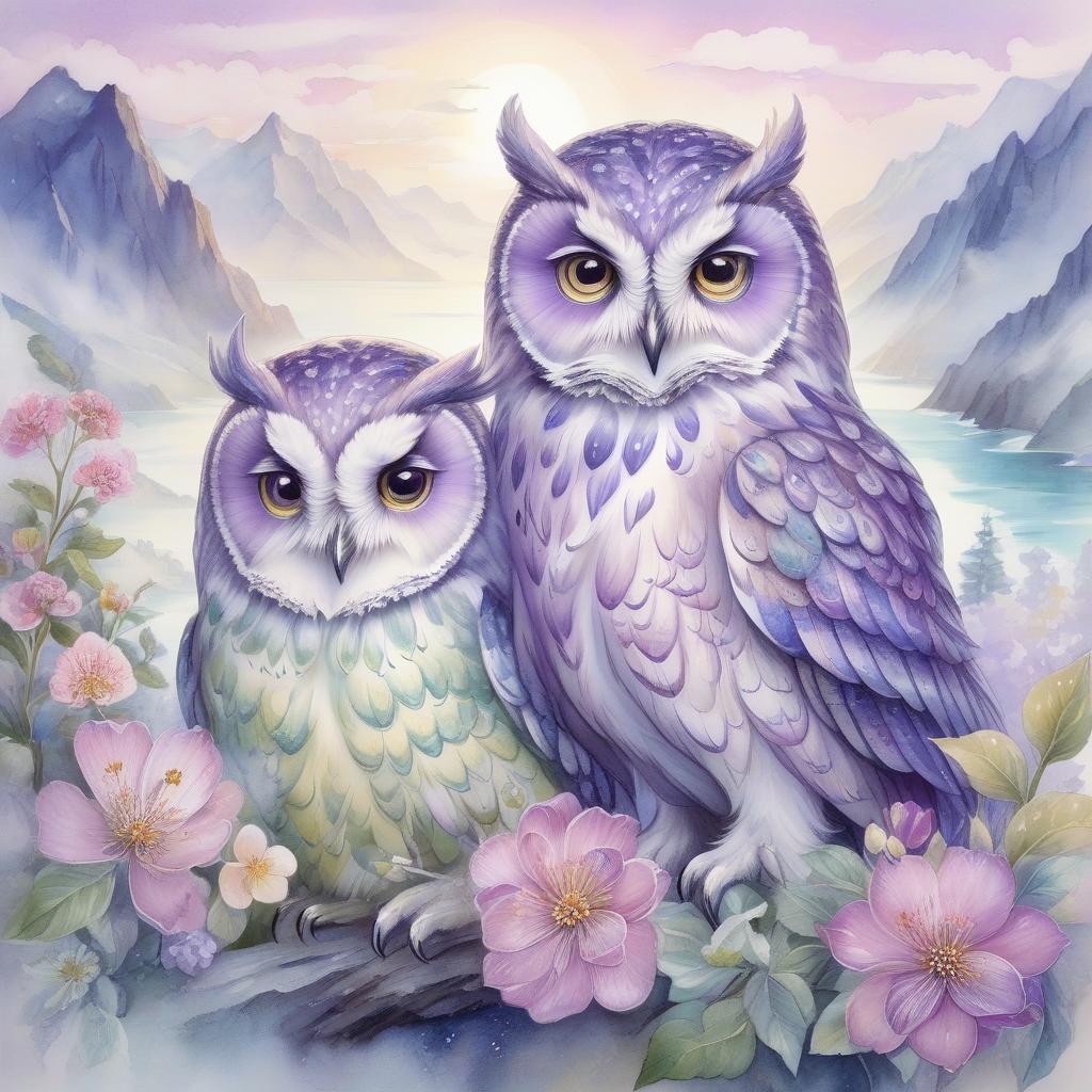  the softness of everything that's peace, beautiful thoughtful owl, anatomically correct, spring's soft sea view, watercolor style of yelena yushina and kaoru yamada, mountains and stalight, windy luminous, silver lighting, dreamy and magical, highly detailed, very soft colors, soft edges, mist. realistic, blossoming, anatomically correct, soft silver violet palette