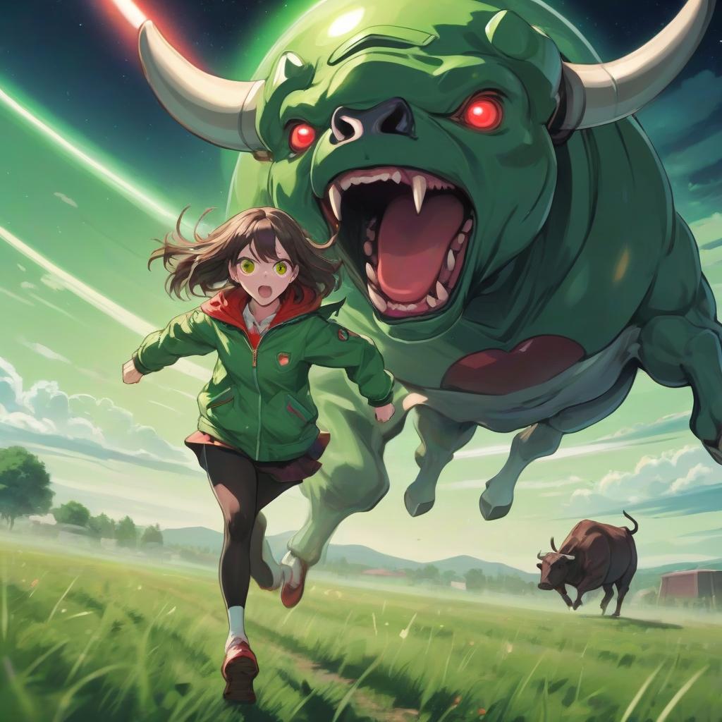  anime girl in a green jacket in a field runs from a ufo, countryside, mutant bull with red eyes, bright light, green tones