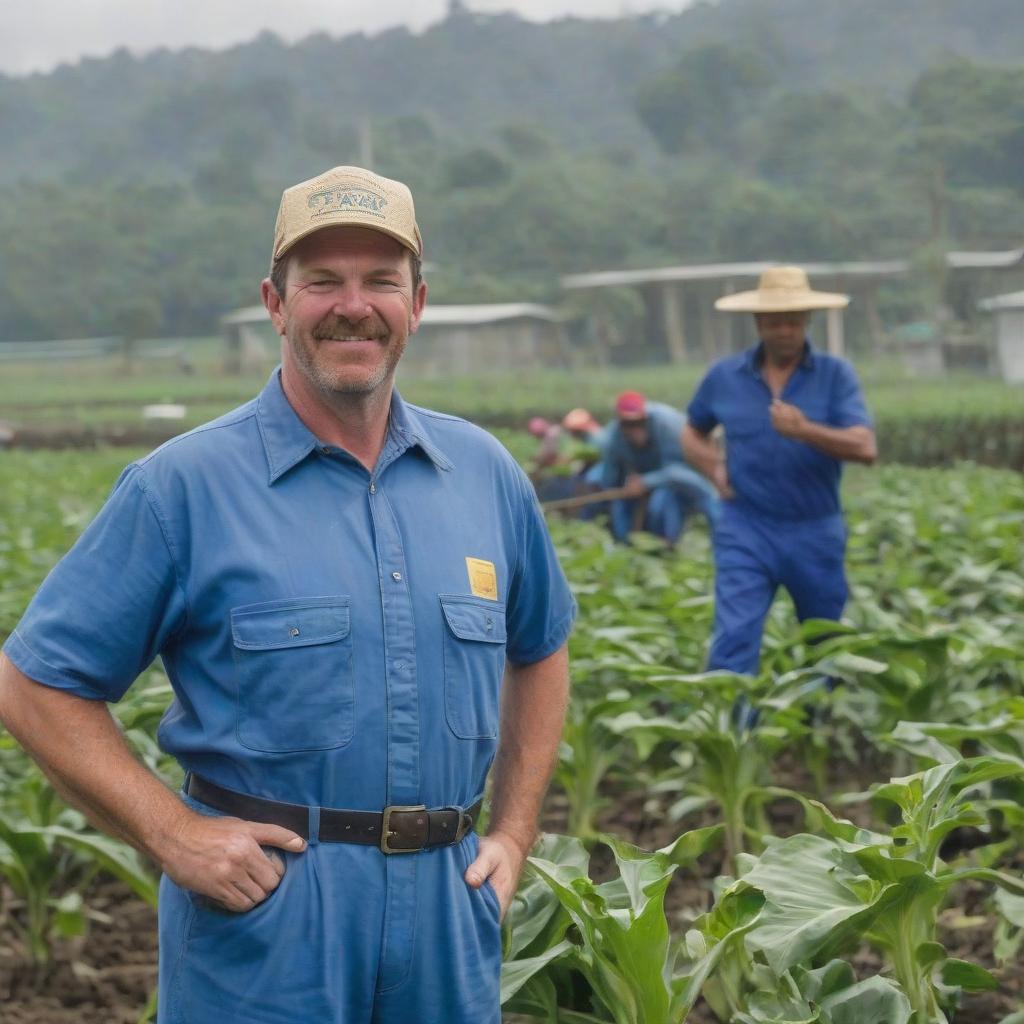  farmer in blue panama and in blue jumpsuit