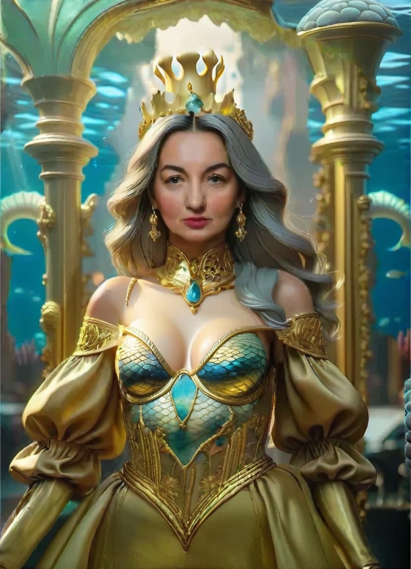  sea queen in scales and gold, with an underwater kingdom in the background, civitai