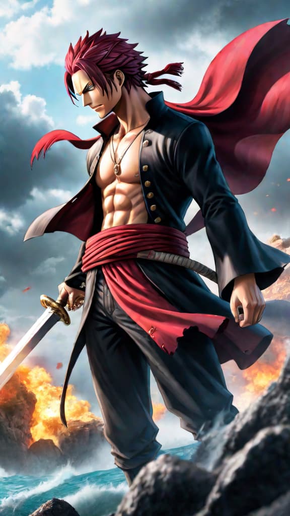  anime art of shanks and mihawk's respectful rivalry transcending epic sword fights in one piece world. hyperrealistic, full body, detailed clothing, highly detailed, cinematic lighting, stunningly beautiful, intricate, sharp focus, f/1. 8, 85mm, (centered image composition), (professionally color graded), ((bright soft diffused light)), volumetric fog, trending on instagram, trending on tumblr, HDR 4K, 8K