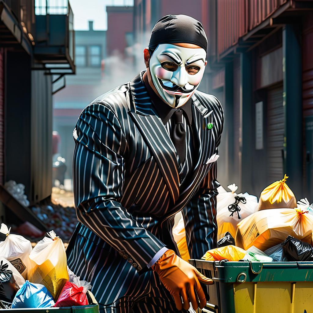  create a thief in a mask and striped suit. he may have a bag of trash in one hand. the name of the company "dumpster" can be written in large, bold font. a thief may be depicted above the company name, as if “stealing” letters or rubbish around them. hyperrealistic, full body, detailed clothing, highly detailed, cinematic lighting, stunningly beautiful, intricate, sharp focus, f/1. 8, 85mm, (centered image composition), (professionally color graded), ((bright soft diffused light)), volumetric fog, trending on instagram, trending on tumblr, HDR 4K, 8K