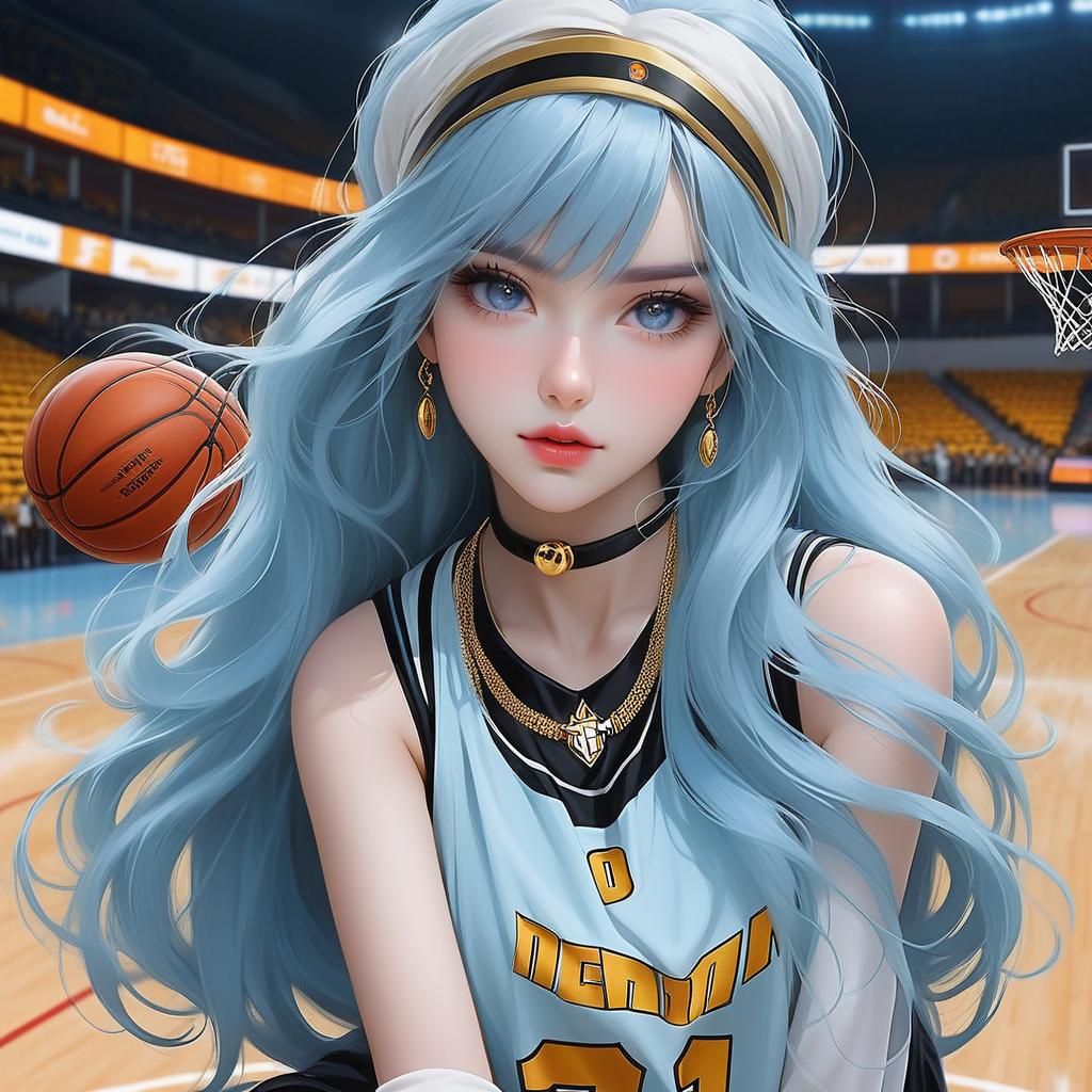  anime art very beautiful, ghost , translucent skin woman, icy blue eyes, upturned eyes, long hair, pale blue hair, bottom heavy lips, s shaped eyebrows, greek nose, oblong shaped face, has various necklaces, , lean figure, long legs, ghost, black and gold basket ball jersey, basketball court., award winning, professional, highly detailed, masterpiece