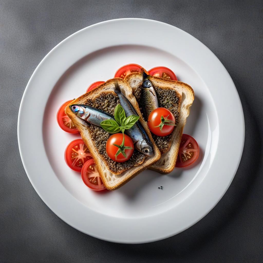  realistic close up portrait meal photo of (((Toast with tomato and smoked sardine))), with (Sardine, Pink sliced, Whole wheat bread, Black pepper), ((served in a white plate)), ((with white background)), (((Healthy Eating Plate))), (((Harvard Eating Plate))), ((food photography)), with macro lens, shallow depth of field, highly detailed, natural lighting, natural colors, photorealism, Canon EOS R3, nikon, f/1.4, ISO 200, 1/160s, 8K, RAW, unedited, in-frame hyperrealistic, full body, detailed clothing, highly detailed, cinematic lighting, stunningly beautiful, intricate, sharp focus, f/1. 8, 85mm, (centered image composition), (professionally color graded), ((bright soft diffused light)), volumetric fog, trending on instagram, trending on tumblr, HDR 4K, 8K