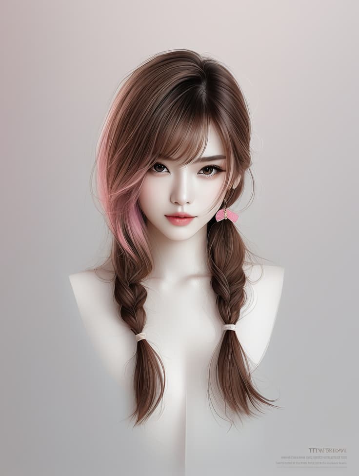  line art drawing beautiful , a nightgown , clear face skin and body , high detailed, brown faded to pink faded back to brown hair, black eyes. professional, sleek, modern, minimalist, graphic, line art, vector graphics