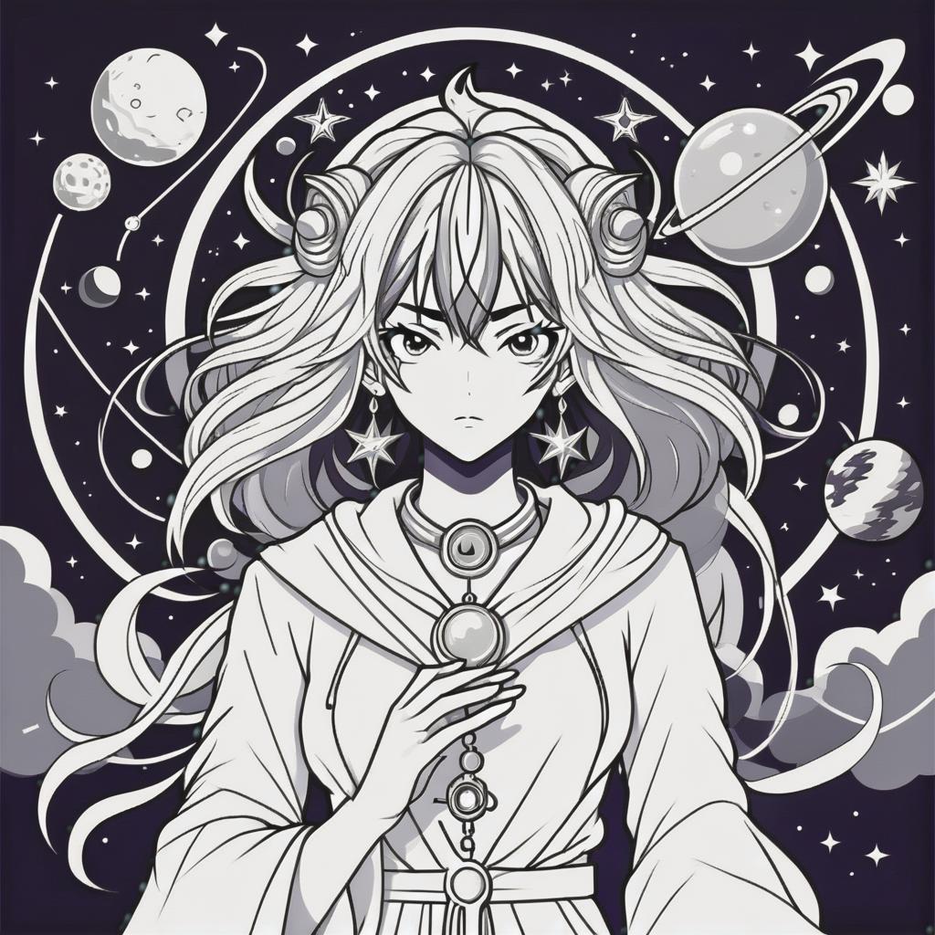  line art drawing astrologist, same nightmare. anime style . professional, sleek, modern, minimalist, graphic, line art, vector graphics