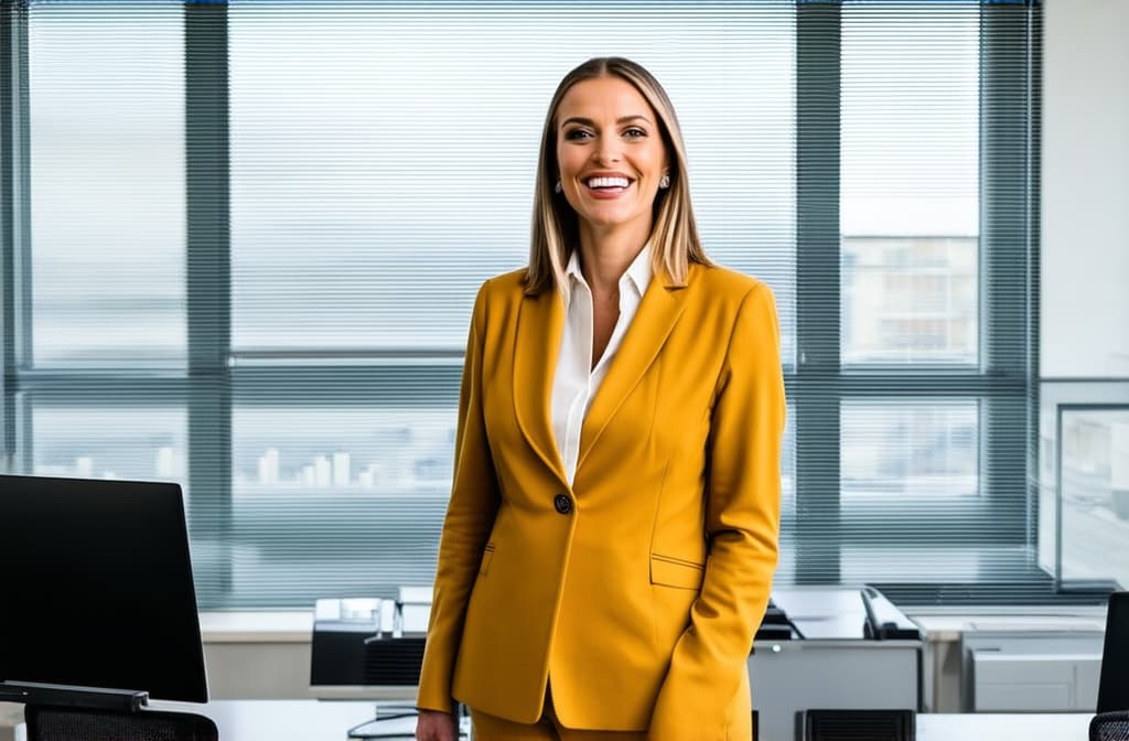  professional detailed photography, portrait of smiling businesswoman in mustard colored jacket standing in open plan office. happy female professional executive manager, financial banking or marketing data. ar 3:2, (muted colors, dim colors, soothing tones), (vsco:0.3)