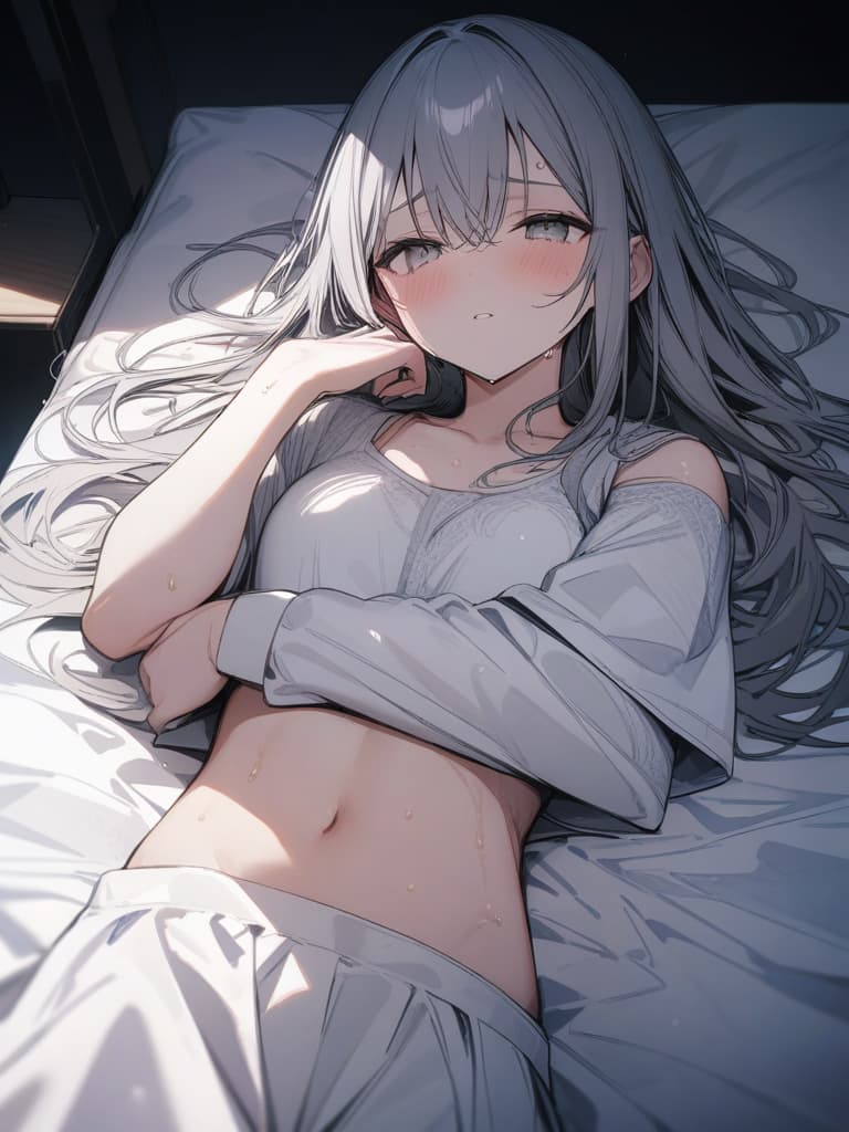  white liquid from wiener, shy, gray hair color, sweaty, white eyes, bed, lying on the bed, raised on both arms, bigger, lean, ehchi, masterpiece, best quality,8k,ultra detailed,high resolution,an extremely delicate and beautiful,hyper detail