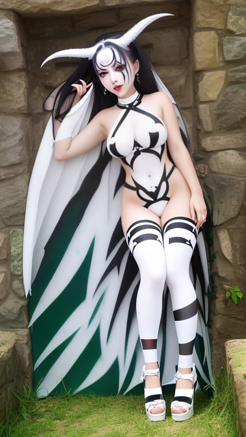  Full body Harrykin check pattern, full body white body paint, White face paint on the face, succubus, full body image 女性