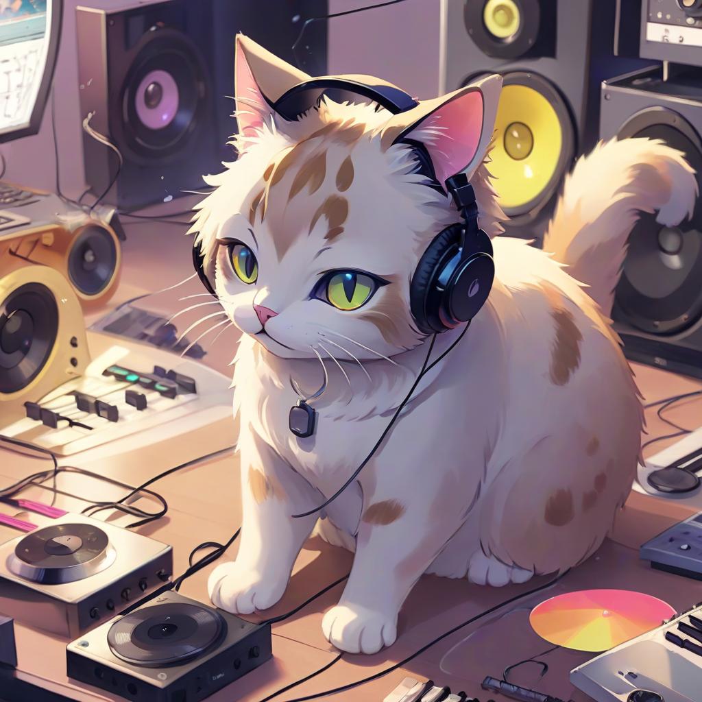  anime artwork cat listens to music . anime style, key visual, vibrant, studio anime, highly detailed