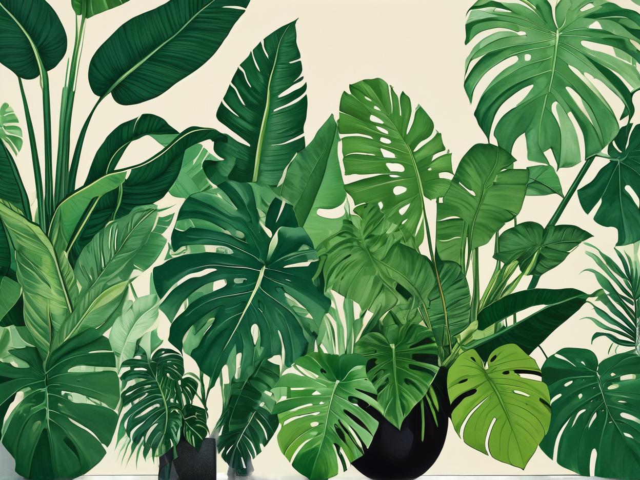  minimalism, the scene displays a lush, tropical landscape, filled with a dense arrangement of broad, green leaves from various types of tropical plants. the foliage consists of large banana leaves, palm fronds, and possibly monstera leaves, creating a rich, textured canopy that feels both vibrant and calming. the variety of green shades, along with the natural layering of the plants, conveys a deep, almost jungle like atmosphere, reminiscent of a serene, thriving tropical rainforest., abstract, simple geometic shapes, hard edges, sleek contours, minimalism