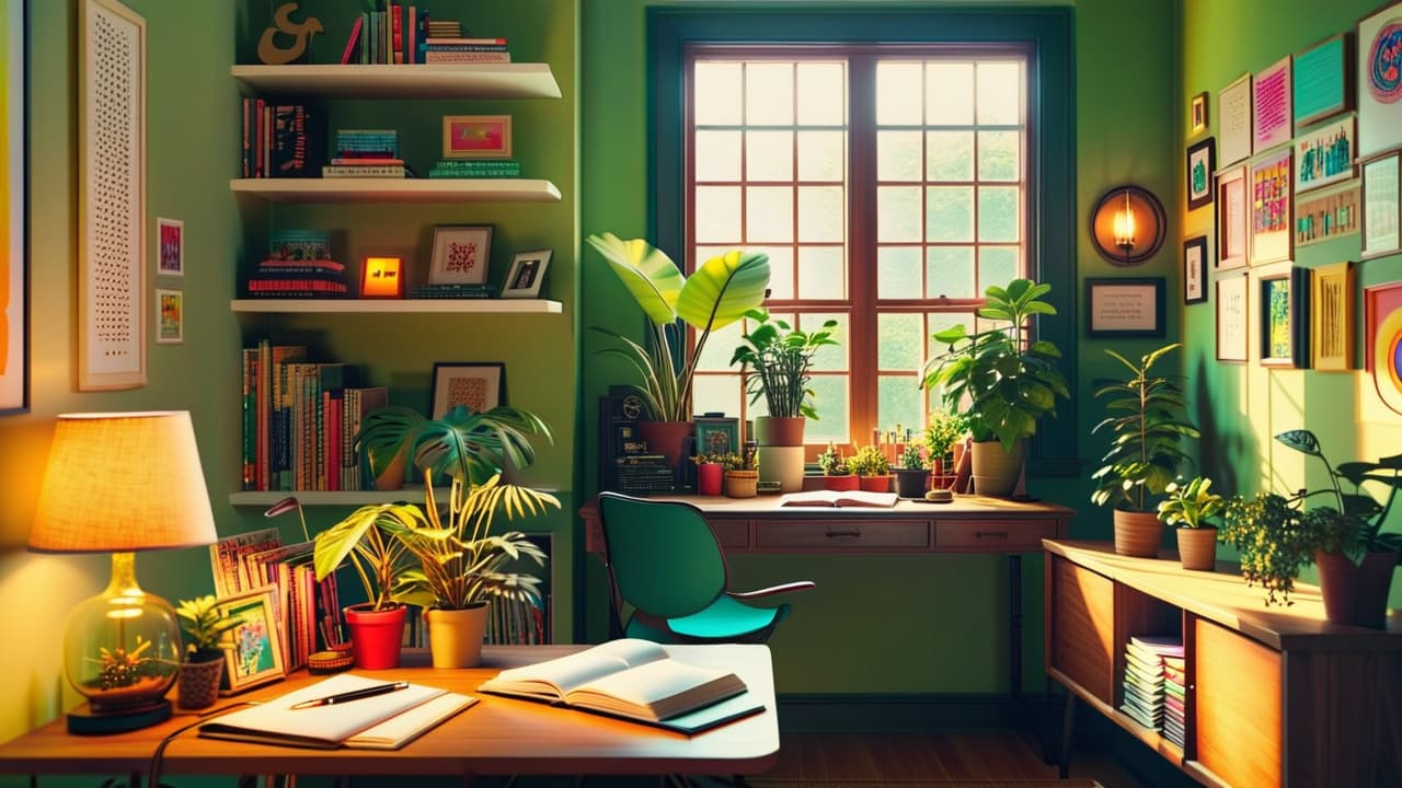  a cozy, sunlit workspace featuring a vibrant desk with potted plants, colorful artwork, warm fairy lights, and an inviting chair, surrounded by inspirational quotes and organized supplies for a cheerful, productive atmosphere. hyperrealistic, full body, detailed clothing, highly detailed, cinematic lighting, stunningly beautiful, intricate, sharp focus, f/1. 8, 85mm, (centered image composition), (professionally color graded), ((bright soft diffused light)), volumetric fog, trending on instagram, trending on tumblr, HDR 4K, 8K