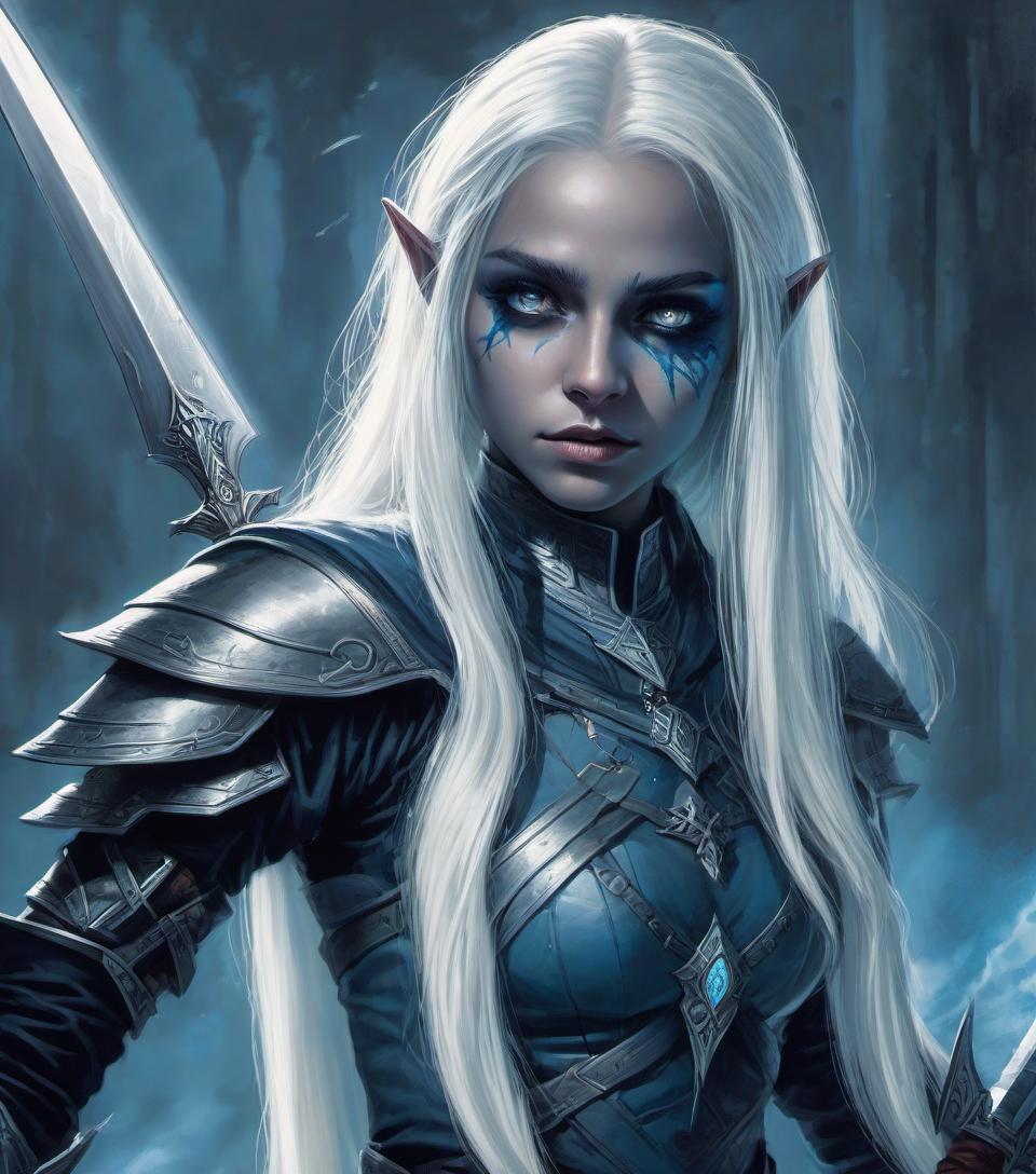  concept art (semi figure portrait: 0.2), a dark elf girl with <small neat elf ears: 7.9>, long platinum colored hair, preference for cold steel <curved daggers in each hand>, eye color slate blue with a glow effect, predatory gaze, . digital artwork, illustrative, painterly, matte painting, highly detailed