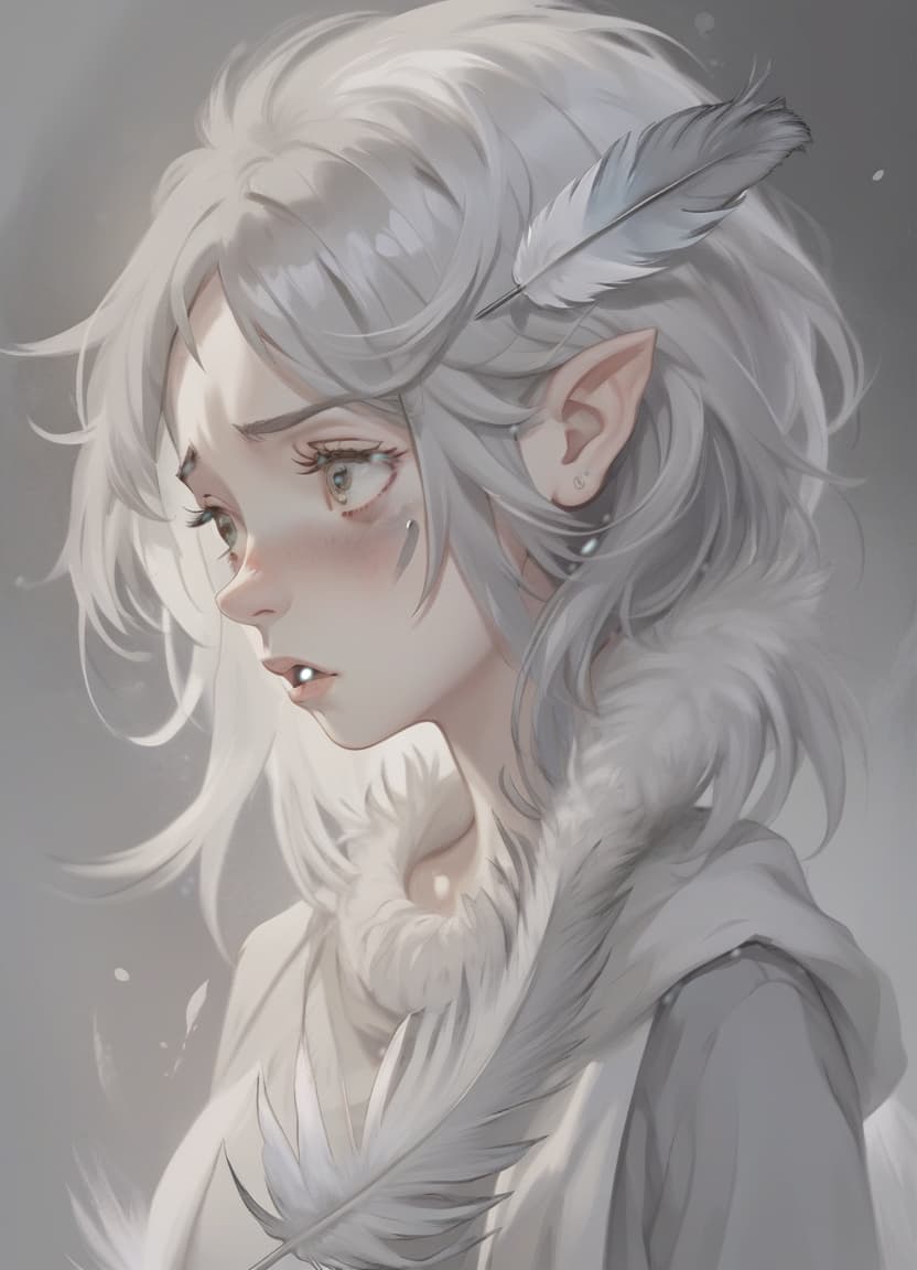  concept art a gray and grey haired girl, with feather ears, with white eyes, who is crying . digital artwork, illustrative, painterly, matte painting, highly detailed