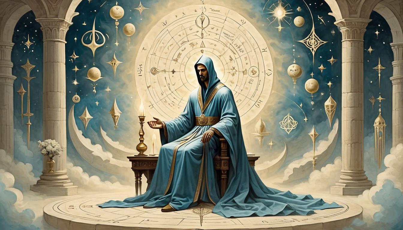  on parchment, surrealism+++, serene figure in luxurious robes, surrounded by glowing symbols, effortless grace, ordained success(mysterious, provocative, symbolic,muted color)+++