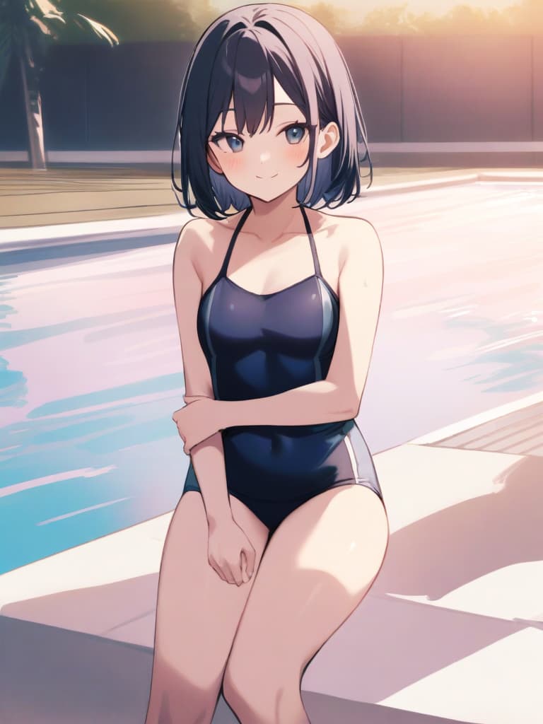  elementary students, s, transveses, short stages, old swimwear (dark blue old swimwear), man (), (in swimwear), cute smile face, short hair, pool, pool,