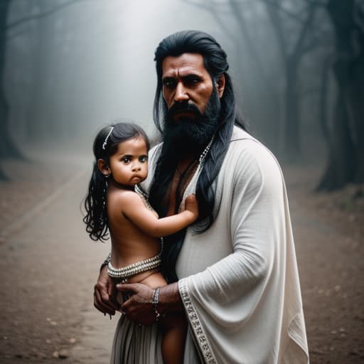  aghori and child and a ghost hyperrealistic, full body, detailed clothing, highly detailed, cinematic lighting, stunningly beautiful, intricate, sharp focus, f/1. 8, 85mm, (centered image composition), (professionally color graded), ((bright soft diffused light)), volumetric fog, trending on instagram, trending on tumblr, HDR 4K, 8K