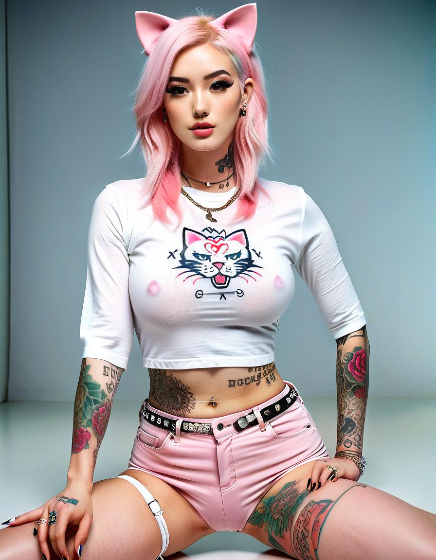  kawaii style informal , full body, white skin, perfect skin, распущенные волосы,long white hair, pink hair, , face, full body, slender legs, high heeled ylons, leg tattoos, round heads, cat ears on her head, build, delicate facial features, tattoo on her face, a lot of piercings on her face, short top, , short , tattoos on her arms, tattoos on her , piercing, informal style,show together with the legs , , extreme detailing, 8k, realistic, hyperrealisme, masterpiece, digital photo, . cute, adorable, brightly colored, cheerful, anime influence, highly detailed, perfecteyes, film photography style hyperrealistic, full body, detailed clothing, highly detailed, cinematic lighting, stunningly beautiful, intricate, sharp focus, f/1. 8, 85mm, (centered image composition), (professionally color graded), ((bright soft diffused light)), volumetric fog, trending on instagram, trending on tumblr, HDR 4K, 8K