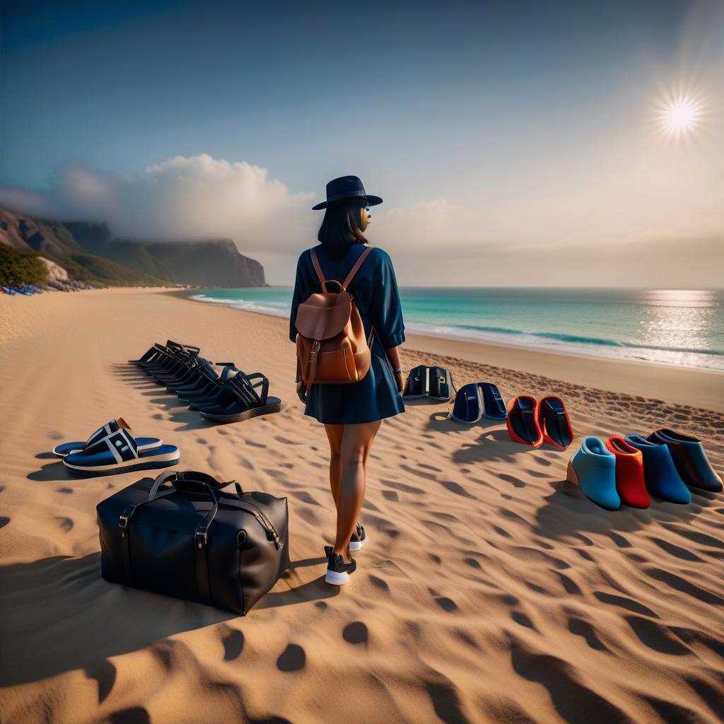  one pair of flip flops, one cap, one pair of sunglasses, one dress, one pair of shorts, one t shirt, one backpack on the sand on a beach. no people, no animals, no other stuff. hyperrealistic, full body, detailed clothing, highly detailed, cinematic lighting, stunningly beautiful, intricate, sharp focus, f/1. 8, 85mm, (centered image composition), (professionally color graded), ((bright soft diffused light)), volumetric fog, trending on instagram, trending on tumblr, HDR 4K, 8K