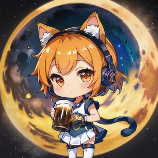  master piece , best quality,chibi chara girl holding beer background moon viewing cat ears headphones