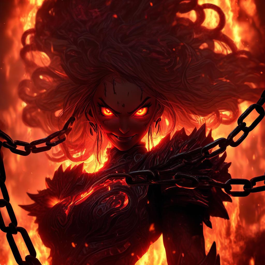  breathtaking a woman that is standing in front of a fire, ((chains)), evil smile and glowing eyes, artistic render, only red colour, deathwing, shackled in the void, incandescent, discord pfp, lava rock, f 2, aggresive, maiden, chain . award winning, professional, highly detailed