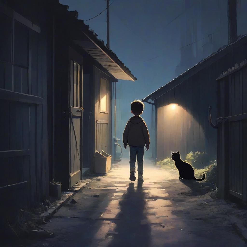  boy and cat go out into a bright street through a dark shed