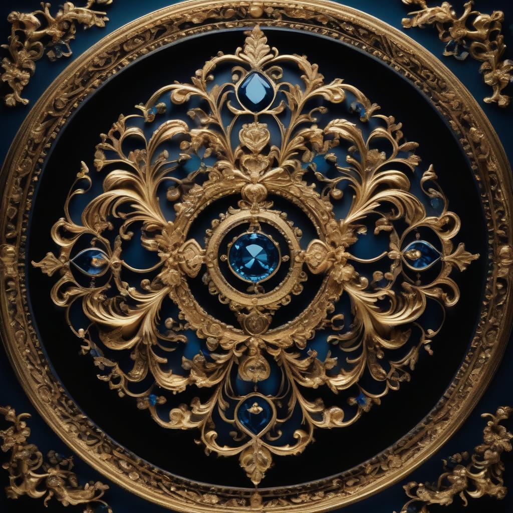  cinematic film still draw a symmetrical ornamental composition with exquisite gold and black patterns. in the centre there is a round motif with blue diamonds, surrounded by floral elements and curls. the pattern is refined and elegant, adding brightness and shine to the whole composition. . shallow depth of field, vignette, highly detailed, high budget, bokeh, cinemascope, moody, epic, gorgeous, film grain, grainy