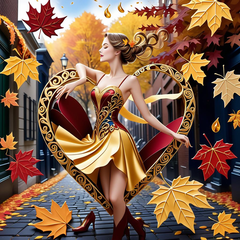  luxury product style on a carpet of yellow leaves in a simple dress of wind given crepe autumn danced a waltz boston in an alleyway. the warm day flew away and the saxophone sang hoarsely. (background of the card): falling autumn leaves, a whirlwind of autumn leaves, wind saxophone, ((a box of chocolates, the inscription "autumn waltz")) , a greeting card. (heart), a beautiful figure made of contours in the shape of a heart. (heart colour): night sky background, stars, gold pattern. (style):fantasy, autumn art, autumn romance. (colours):gold, green gold, navy blue, red, red gold, brown gold, silver, golden blue, bluish blue, dark blue on gold . elegant, sophisticated, high end, luxurious, professional, highly detailed