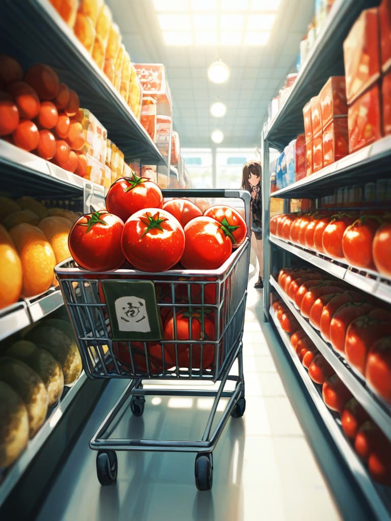  with tomatoes, shopping carts, masterpiece, best quality,8k,ultra detailed,high resolution,an extremely delicate and beautiful,hyper detail