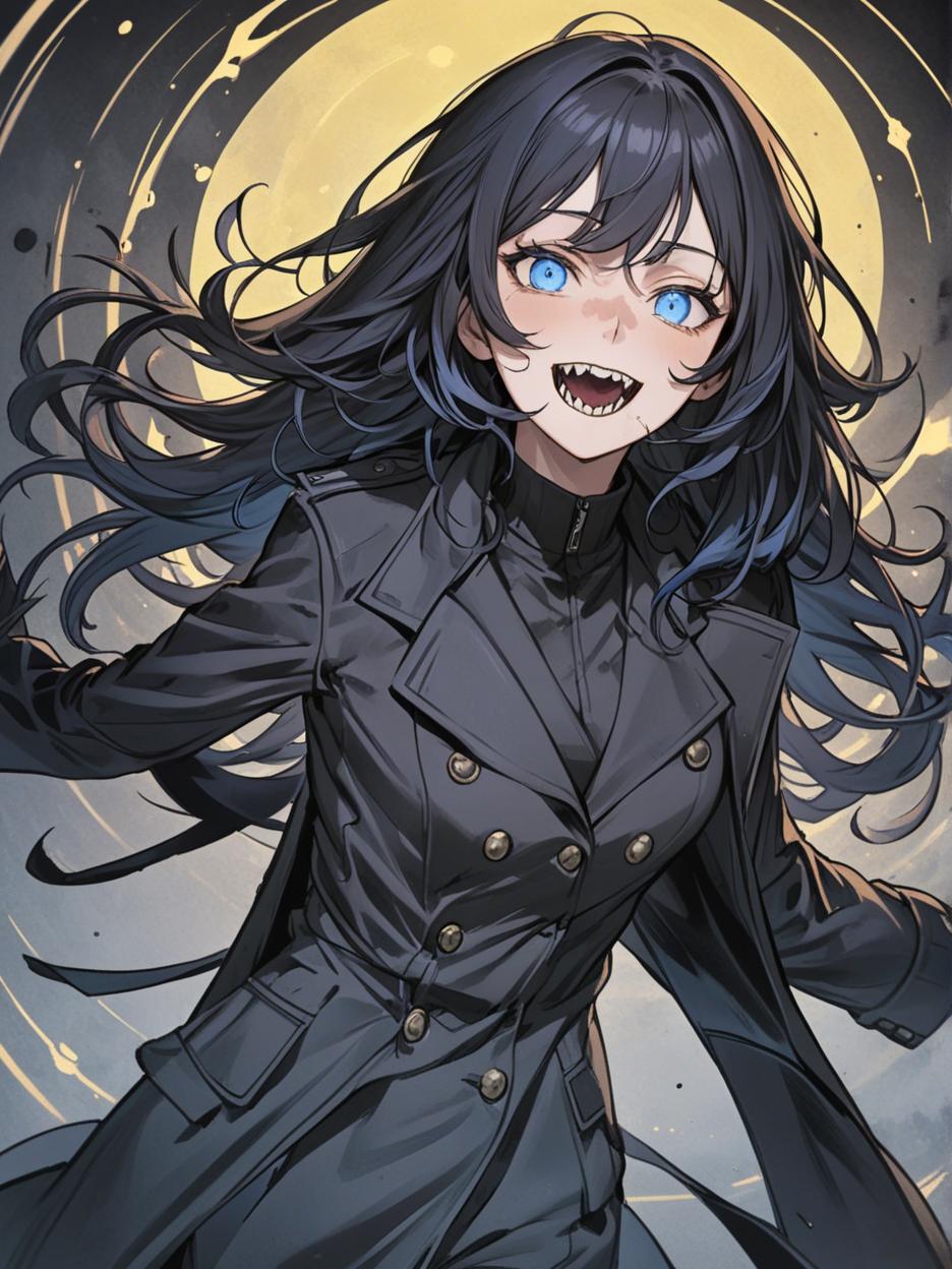  manga artwork anime art. a woman with sharp teeth. light blue eyes. it has long black hair that flows freely, giving it a mysterious and imposing air. he wears a long black coat with wavy edges, which appear to be in constant motion, adding a sense of dynamism to his appearance. the coat is open at the front, revealing a fitted black outfit underneath, which highlights her slender and athletic figure. her pose is confident and slightly dynamic, with one hand extended outwards, as if reaching for something or making a meaningful gesture. the background is a solid yellow, with an aura like circle framing the character's head, enhancing his silhouette and giving him an almost otherworldly look. hyper realistic atmospheres, detail, 8k. manga a