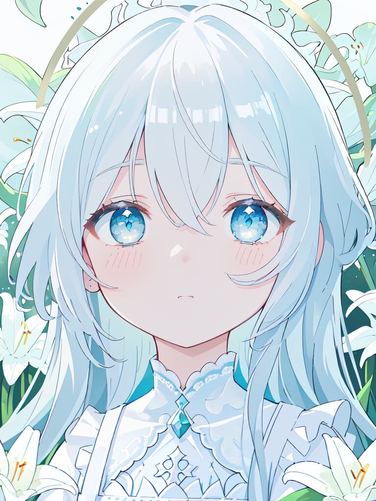  (masterpiece,best quality,detailed,highly detailed,ultra detailed,extremely detailed cg,high resolution,4k,8k,super detailed skin,detailed beautiful eyes,detailed beautiful face,輝く,✨,白のハイライト),a serene and delicate anime style ilration featuring a young with long,flowing,pale blue hair. her eyes are a striking,bright blue,exuding a sense of calm and melancholy. she is holding a bouquet of white lilies close to her face,with one lily tucked behind her ear. the ’s attire is a white,lace with subtle ruffles,adding to the ethereal and soft atmosphere. the background is mostly white,with soft light and shadows creating a peaceful and dreamy environment. the overall color palette is light and paste