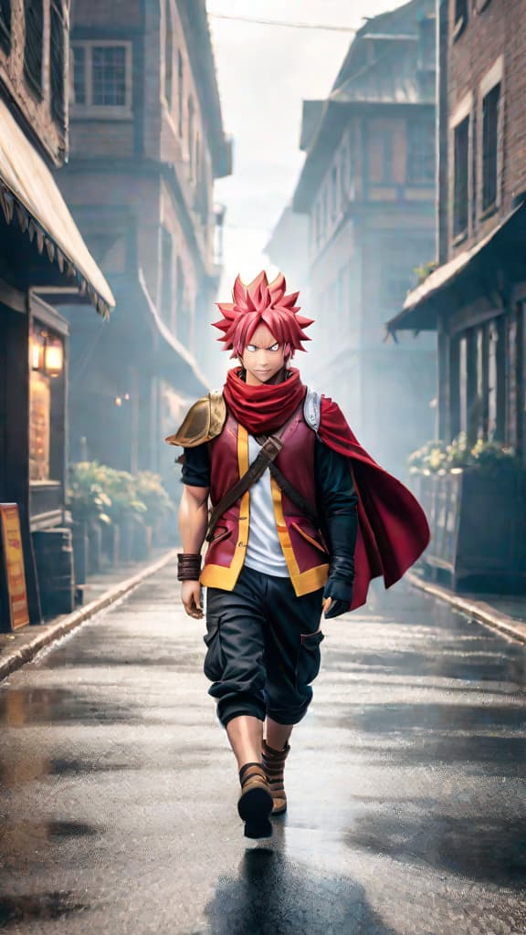  anime art of natsu dragneel from fairy tail, feet grounded in fear of transportation sickness. hyperrealistic, full body, detailed clothing, highly detailed, cinematic lighting, stunningly beautiful, intricate, sharp focus, f/1. 8, 85mm, (centered image composition), (professionally color graded), ((bright soft diffused light)), volumetric fog, trending on instagram, trending on tumblr, HDR 4K, 8K