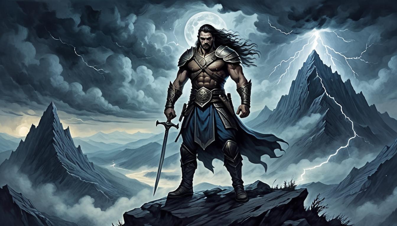  on parchment, surrealism+++, a lone warrior, fierce demeanor, standing atop a mountainous peak, under a turbulent night sky, distant lightning illuminating the powerful gaze, symbolizing inner strength, resilience, determination(mysterious, provocative, symbolic,muted color)+++