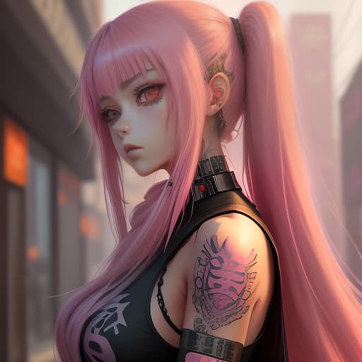  anime girl in tattoos with long hair close up, against the background of the pink city of cyberpunk