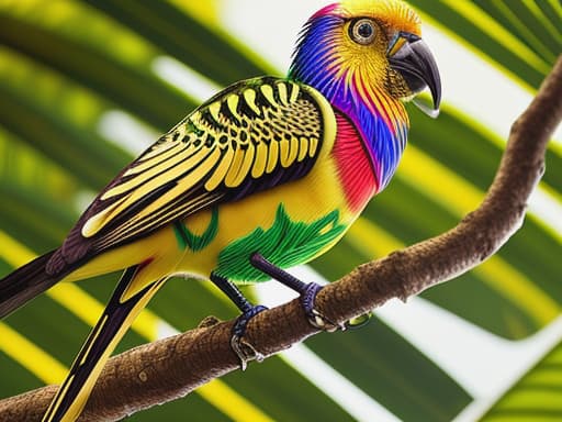  beautiful bird with gold and colorful skin perched on a tree, vibrant feathers, intricate patterns, majestic, detailed wings, sparkling, shining, exotic, tropical setting, lush green leaves in background