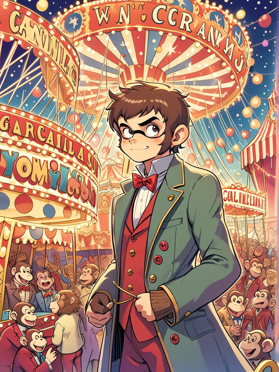  manga artwork a monkey with a coat covered in buttons operates a vintage carnival calliope. the background is that of a bustling, colorful carnival and circus, with a big top and performers and patrons. twinkle lights hang high above, casting a soft glow on the scene.. manga artist. manga, highly emotional. best quality, high resolution