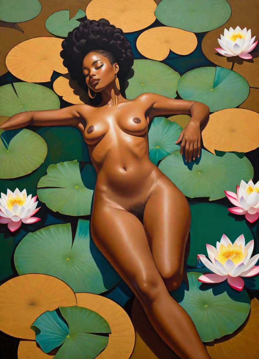  minimalism, painting of a beautiful black woman. she lays, surrounded by lotus flowers and pads. naked. she has brown legs. she has brown feet. she is in a divine pose., abstract, simple geometic shapes, hard edges, sleek contours, minimalism