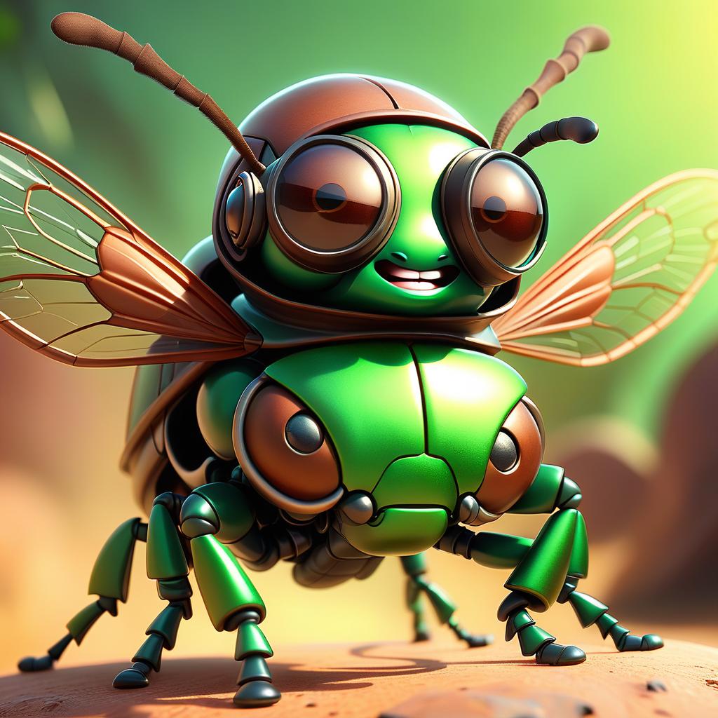  cute cartoon insect beetle character with a green body, big expressive eyes and a smile on his lips. on his head he has a huge brown helmet with goggles, giving him an adventurous look. the insect beetle stands confidently holding a blaster, he has graceful wings and long tendrils. the background is simple and bright inside the starship to emphasize the charm of the funny character with the weapon.