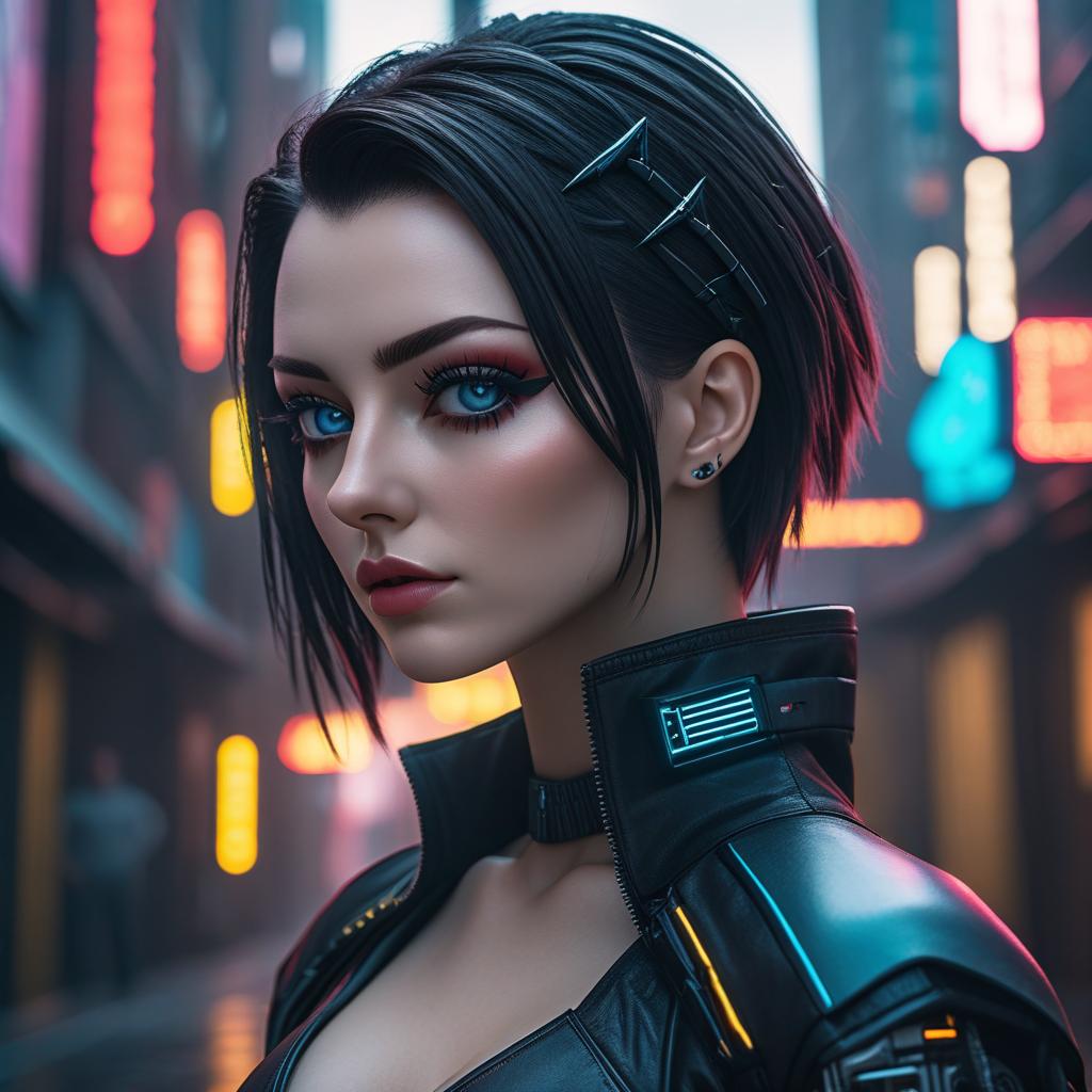  ultra realistic close up portrait ((beautiful pale cyberpunk female with heavy black eyeliner)), blue eyes, shaved side haircut, hyper detail, cinematic lighting, magic neon, dark red city, canon eos r3, nikon, f/1.4, iso 200, 1/160s, 8k, raw, unedited, symmetrical balance, in frame, 8k hyperrealistic, full body, detailed clothing, highly detailed, cinematic lighting, stunningly beautiful, intricate, sharp focus, f/1. 8, 85mm, (centered image composition), (professionally color graded), ((bright soft diffused light)), volumetric fog, trending on instagram, trending on tumblr, HDR 4K, 8K