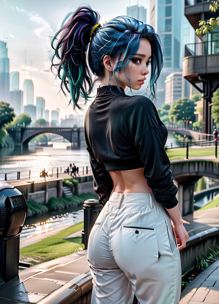  fashion editorial style a back view, a girl with blue hair gathered in a ponytail, gray eyes, a black wool top, white wide pants, a sports ass, a large bust, against the background of a city park with a river. . high fashion, trendy, stylish, editorial, magazine style, professional, highly detailed, perfecteyes, civitai, glowneon, hkmagic