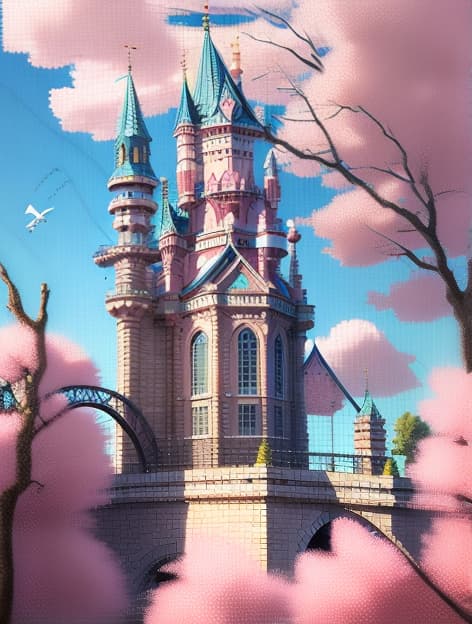  (front view:1.5),mid shot,romantic,mhxy,cloud,scenery,sky,outdoors,no humans,tree,blue sky,day,bird,bridge,cloudy sky,fantasy,cherry blossoms,cityscape,building,pink disney castle,city,8k,best picture quality,blender,camera 4d,octance rendering,supplementary picture,