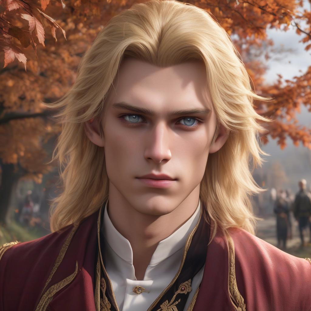  hyperrealistic art a tall, courageous young man, blond with long blond hair, and cherry eyes, predatory, stern, seductive look, full of pride, strong willed chin, sunken cheeks and high cheekbones, smooth face, in autumn aristocratic clothes, in autumn atmosphere, hyperrealism, good quality, clear lines, 8k, hdr, hdrs+, . extremely high resolution details, photographic, realism pushed to extreme, fine texture, incredibly lifelike