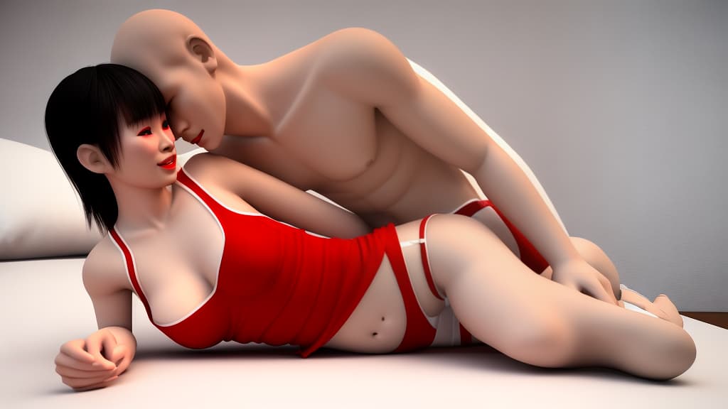  3D render of a Thai love couple wearing underwear and having sex on the bed, realistic sex, white+red color scheme