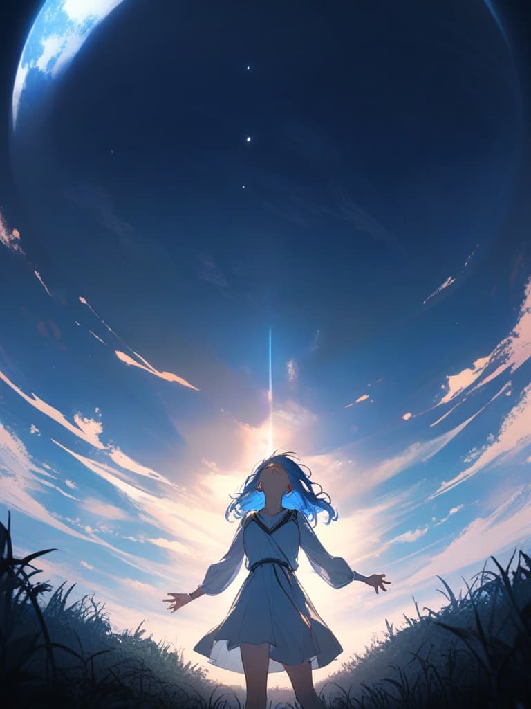  white dress, big moon, looking up and looking up, lawn, stand up, blue hair, best quality, masterpiece, ultra detailed, healing, healing,