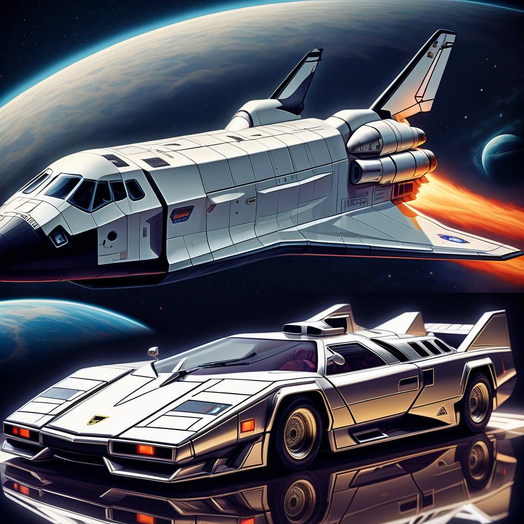  retro game art the space shuttle looks like a lamborghini countach, silver color, in the styles of futurism, dieselpunk and steampunk. . 16 bit, vibrant colors, pixelated, nostalgic, charming, fun