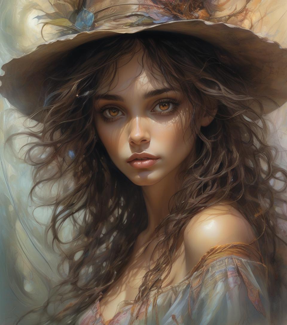  hyper realistic digital painting of beautiful girl, dark brown eyes, mid length messy hair and hat, in a surreal and fantastic setting, combining the artistic styles of jose royo, boris vallejo, julie bell, carne griffiths, and brian froud, precise anatomy, with a centered symmetrical composition, volumetric lighting, rays, vivid colors reflects