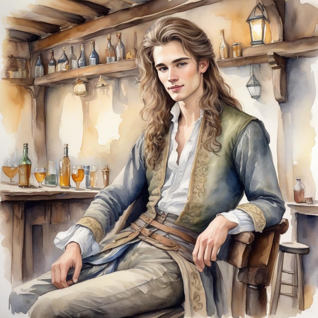  watercolor painting painful looking pale young man with long brown hair gathered in a tail, in a tavern in gray, intricate clothes . vibrant, beautiful, painterly, detailed, textural, artistic