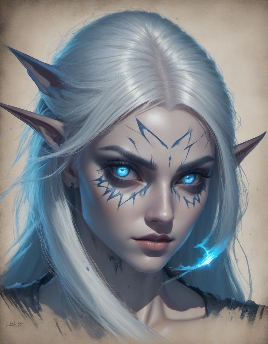  concept art (semi figure portrait: 0.2), a dark elf girl with <small neat elf ears: 7.9>, long platinum colored hair, preference for edged weapons <curved daggers in each hand>, eye color slate blue with a glow effect, predatory gaze, in an attack pose . digital artwork, illustrative, painterly, matte painting, highly detailed