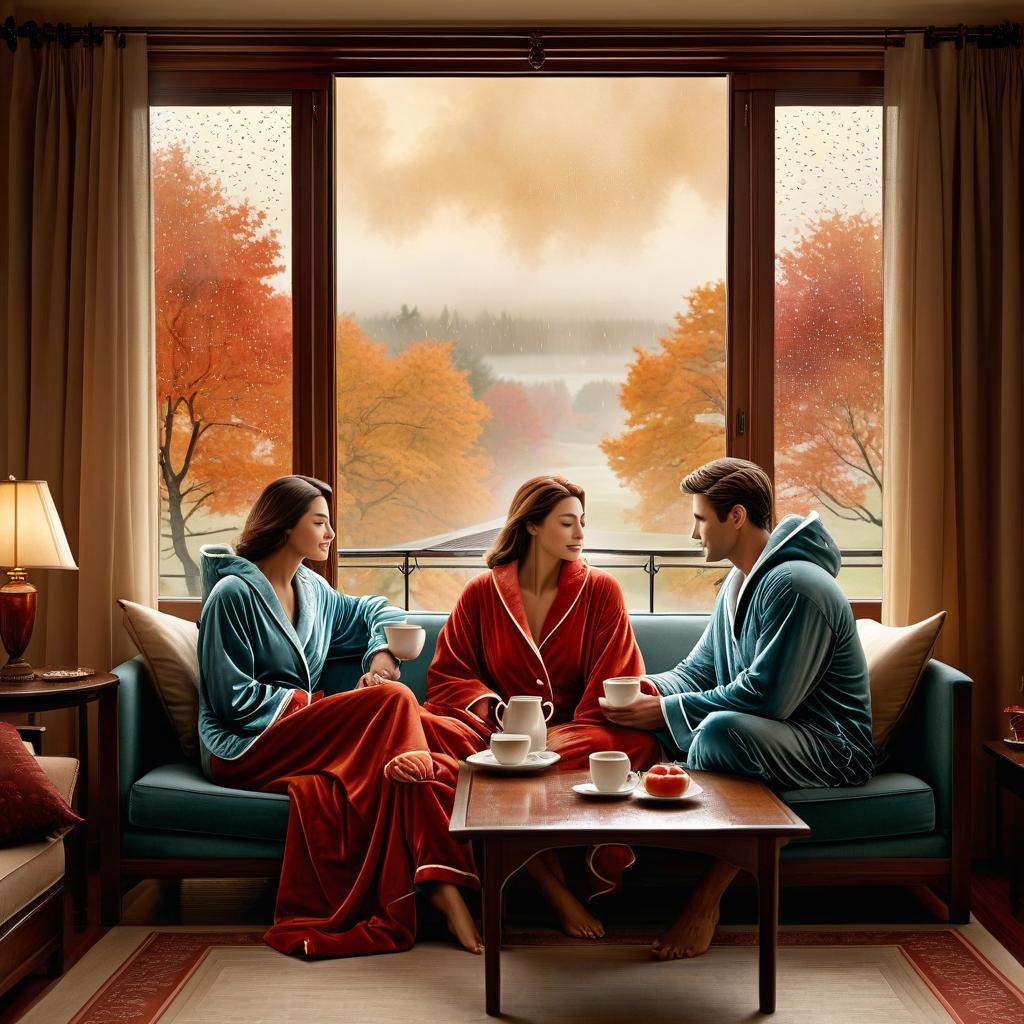  digital illustration, ink and watercolor on parchment, with fine shading of the edges, depicting an two lovers, a man and a woman dressed in pajamas in a warm room and looking out the window, sitting on a sofa at a table and drinking hot tea, looking out the panoramic window, a monotonous autumn rain is falling outside the window, soft diffused lighting in warm tones envelops her, enhancing the mystical aura around her slender form.