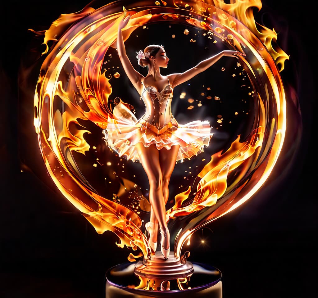  art nouveau style a crystal ballerina dances the grand batman among the flames of liquid glass. the right leg is half bent, raised high up and stretched back. . elegant, decorative, curvilinear forms, nature inspired, ornate, detailed, hkmagic, glowneon